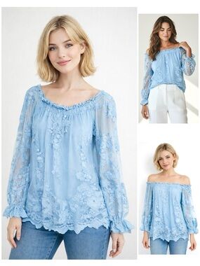 Marled Embroidered Floral Lace Blouse Off The Shoulder or Wide Neck Elastic Neck